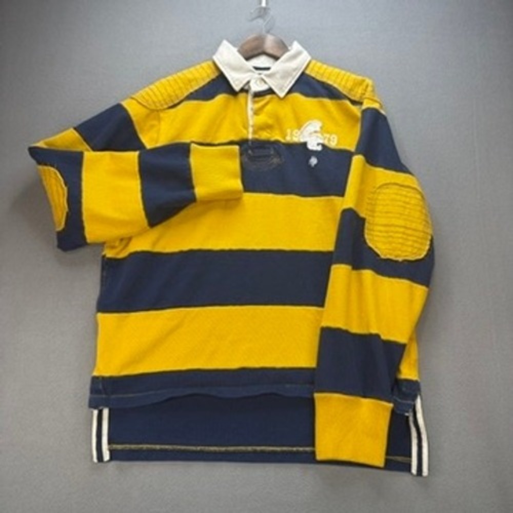 Trailer Vintage Fit Rugby Shirt Long Sleeve XXL Yellow Navy Striped Elbow Patch - Picture 2 of 11